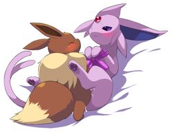 1boy 1other ambiguous_gender anthro body_fur brown_fur color eevee eeveelution espeon fluffy_fur fluffy_tail furry interspecies male male/ambiguous nintendo pokemon pokemon_(species) simple_background tail toony unknown_gender wkar