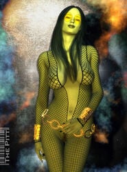 1girls 3d alien alien_girl alien_look_like_human black_hair breasts female fishnet gamora green-skinned_female green_skin guardians_of_the_galaxy lips long_hair marvel solo straight_hair the_pitt