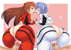 2girls anus ass asuka_langley_sohryu big_ass blue_hair blush bodysuit breasts censored clothed_sex clothing cum erect_nipples erect_nipples_under_clothes female gainax huge_ass human interface_headset light-skinned_female light_skin long_hair medium_breasts neon_genesis_evangelion orange_hair pale-skinned_female pale_skin penis pilot_suit plugsuit rei_ayanami sex shijima short_hair tagme thick_thighs wide_hips