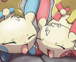 2009 blush covering female furry insomniacovrlrd minun nintendo pikachu plusle pokemon pokemon_(species) sex smile