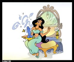 2008 akabur aladdin arabian arabian_clothes dildo disney disney_princess female genie_(aladdin) harem_outfit human magic_lamp penis princess_jasmine testicles