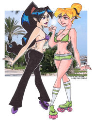 2009 2girls beach bikini_bra black_hair blonde_hair blue_eyes disney disney_fairies female lord_santiago multiple_girls pants pointy_ears ponytail roller-blades roller-skates roller_skates shorts socks tied_hair tinker_bell vidia yuri