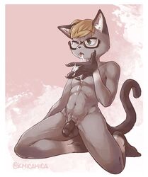 animal_crossing anthro blonde_hair bodily_fluids cum cum_on_hand domestic_cat eyewear feet felid feline felis genital_fluids glasses green_eyes hair humanoid_feet kmicamica licking_cum male male_only mammal nintendo nude one_eye_closed raymond_(animal_crossing) solo tongue tongue_out video_games