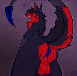 anthro anus ass balls big_balls black_body black_fur black_sclera blood bodily_fluids canid canine canis chimera fangs fur genitals grey_body grey_fur grin hair hi_res hybrid hyper hyper_anus kage male male_only mammal markings puffy_anus raised_tail rear_view red_body red_eyes red_fur signature simple_background smile solo solo_focus tail_blade tailtufts teeth_showing watermark whisker_markings whisker_spots whiskers wolf