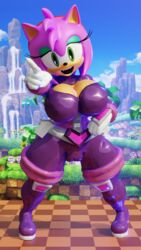 3d 3d_(artwork) alternate_breast_size amy_rose amy_the_bat anthro big_breasts big_butt blender cameltoe fangs female gloves hedgehog humanoid latex latex_boots latex_gloves latex_suit looking_at_viewer mobian palisal png render rouge_the_bat_(cosplay) rouge_the_bat_(heroes)_(cosplay) rubber smile sonic_(series) sonic_heroes standing thick_thighs