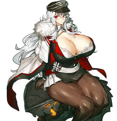 azur_lane big_breasts cap cape cleavage graf_zeppelin_(azur_lane) hat huge_breasts long_hair massive_breasts mature_female melon22 muscular muscular_female muscular_legs muscular_thighs pantyhose red_eyes silver_hair sitting thick_thighs undershirt white_background white_hair