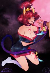 ass big_ass big_breasts blood_moon_evelynn blood_moon_series blue_eyes breasts clothing evelynn handjob league_of_legends red_hair riot_games