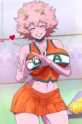 athletic athletic_female big_ass big_breasts big_butt bimbo breast_squeeze busty cheerleader cheerleader_uniform crop_top eyes_closed female female_only heart heart_hands horns krabby_(artist) locker_room mina_ashido my_hero_academia nipple_bulge nipples no_bra no_bra_under_clothes pink_hair pink_skin schoolgirl short_skirt slim_waist smiling smiling_at_viewer solo solo_female solo_focus teenager thick_thighs thighs u.a._cheerleader_outfit wide_hips