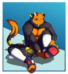 anthro balls barazoku big_(disambiguation) bodily_fluids clothing coffeecat digital_media_(artwork) feet genital_fluids genitals hi_res kemono legwear male male_only muscular paws penis precum socks solo ych_(character)