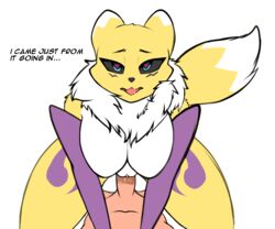 <3_eyes absurd_res anthro armwear big_breasts black_sclera blue_eyes bodily_fluids breast_squish breasts bridal_gauntlets clitoris clothing cowgirl_position digimon digimon_(species) drooling duo english_text eyebrows featureless_breasts female female_focus female_on_top female_penetrated first_person_view fur genitals heart hi_res human looking_at_viewer looking_pleasured male male_penetrating male_penetrating_female male_pov mammal on_bottom on_top ownychan penetration penis pussy raised_inner_eyebrows renamon saliva saliva_string sex simple_background solo_focus squish straight text thick_thighs tongue torogao vaginal_penetration white_background