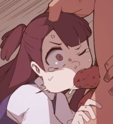 1girls akko_kagari anger_vein blue_vest blunt_bangs brown_hair cheek_bulge clothed_female_nude_male erection eyelashes facefuck fellatio female female_focus female_protagonist femsub forced forced_oral hair_tie hairband hand_on_leg human little_witch_academia long_hair nns_(sobchan) one_eye_closed open_mouth oral oral_penetration oral_sex penis pink_eyes ponytail pulling_hair rough_sex saliva school_uniform shirt simple_background solo_focus spiral_eyes sweat tears testicles vest white_shirt wide_eyed