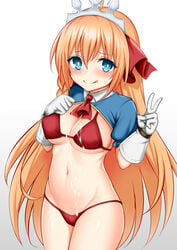 :q ascot bikini blue_eyes cum cum_on_body cum_on_clothes cum_on_upper_body eyebrows_visible_through_hair female gloves gradient gradient_background grey_background hair_between_eyes hair_ribbon long_hair looking_at_viewer navel orange_hair pecorine princess_connect! princess_connect!_re:dive red_bikini red_neckwear red_ribbon ribbon solo swimsuit tiara tongue tongue_out toshishikisai v white_background white_gloves