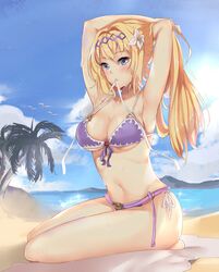 ardeee beach big_breasts bikini blonde_hair blue_eyes female flower_in_hair granblue_fantasy jeanne_d'arc_(granblue_fantasy) long_hair