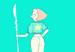 1girls accurate_art_style ass blue_eyes clothed female gem_(species) hand_on_hip jacket nicechan no_pants panties pearl_(steven_universe) solo spear steven_universe striped_panties thong