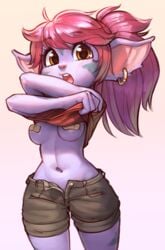 bandaid bandaids_on_nipples belly_button blush blushing breasts brown_shorts dragon_trainer_tristana earrings eyebrows_visible_through_hair league_of_legends looking_at_viewer navel open_mouth pink_hair ponytail purple_skin red_t-shirt riot_games shorts simple_background taking_clothes_off tristana unbuttoned_shorts wamudraws yellow_eyes yordle