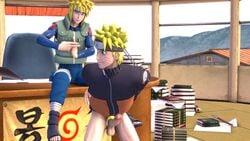 2boys 3d age_difference balls bent_over bigsunsfm blonde_hair blue_hair clothing erection father_and_son forehead_protector fully_clothed gay headband height_difference indoors jacket looking_back male male/male male_only namikaze_minato naruto naruto_(series) naruto_shippuden no_panties office older_male older_man_and_younger_boy pale-skinned_male pale_skin penis pose posing pubes pubic_hair sitting size_difference teasing testicles uncensored uzumaki_naruto whisker_markings whiskers yaoi yellow_hair younger_male