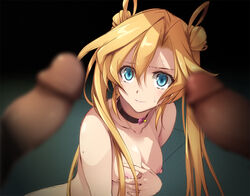 2boys abukuma_(kantai_collection) bishoujo_senshi_sailor_moon black_choker blonde_hair blue_eyes blurry breasts choker closed_mouth collarbone concerned concerned_look covering_breast dark-skinned_male double_bun female hair_between_eyes hair_rings imminent_fellatio imminent_oral imminent_rape kantai_collection kyoro_(cothurnus) medium_breasts mole multiple_boys multiple_penises naked_shoulders nipples nude parody penis penis_awe sailor_moon_redraw_challenge sweatdrop twintails