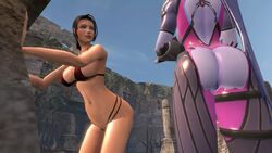 2girls 3d animated ass big_ass big_butt bikini black_hair blue_hair blue_skin bodysuit breasts canastus crossover elexis_sinclaire female female_only long_hair mp4 no_sound overwatch ponytail ripped_clothing ruins sin_(game) source_filmmaker tagme thong thong_bikini twerking video widowmaker