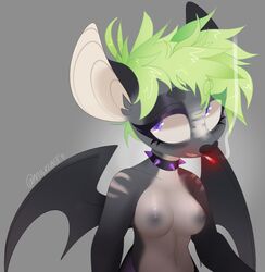 1girls anthro bat_wings choker cigarette eyelashes female female_only furry green_hair looking_away membranous_wings milkibee nipples nude short_hair simple_background smoking solo spiked_collar wings