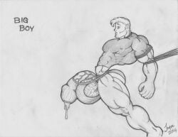 1boy 2014 ass balls bara big_butt big_penis bulge cum cum_through_clothes cum_through_jockstrap dated gay hyper_balls jayse_(artist) jockstrap male male_only monochrome muscular original penis pubic_hair solo traditional_media veiny_penis white_background
