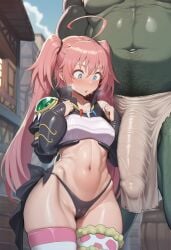 1boy 1girls 2d ai_generated blue_eyes blush bulge bulge_through_clothing cameltoe clothed clothed_female clothing fat_male female front_view green_skin light-skinned_female light_skin loincloth looking_at_bulge looking_down male milim_nava orc_male outside pale-skinned_female pale_skin penis penis_awe penis_bulge pink_hair prcyonid revealing_clothes small_breasts standing tensei_shitara_slime_datta_ken town twintails