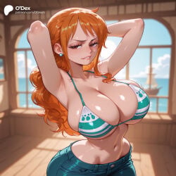 1girl 1girls absurd_res absurdres ai_generated armpits arms_behind_head arms_up ass bare_shoulders big_ass big_breasts bikini bikini_top_only biting_own_lip blue_pants blue_sky blurred_background blurry_background blush breasts brown_eyes cartoon cartoony cleavage cloud collarbone day denim depth_of_field earrings female female_focus female_only green_bikini hi_res high_quality high_resolution highres huge_breasts indoors jeans large_ass large_breasts lips long_hair looking_at_viewer nami_(one_piece) narrow_waist navel ocean odexai one_piece orange_eyes orange_hair pants parted_lips pearl_earrings ship sky small_waist solo solo_focus stomach straight sweat swimsuit thick_thighs thin_waist underboob watercraft wide_hips window