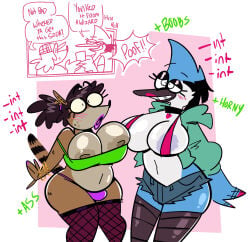 anthro areola areola_slip ass_expansion avian big_breasts bimbofication bird blue_jay blush blush_lines bottomwear bracelet breast_expansion breast_growth breasts cartoon_network cassettepunk clothing collar colored_nails comic corvid crossgender duo ear_piercing eyeshadow feminization fishnet_clothing fishnet_legwear gender_transformation growth gynomorph hi_res intelligence_loss intersex jay_(bird) jewelry legwear lipstick makeup male mammal mordecai_(regular_show) mtg_crossgender mtg_transformation mti_crossgender mti_transformation nails new_world_jay nipple_slip oscine passerine piercing procyonid raccoon regular_show rigby_(regular_show) shorts torn_bottomwear torn_clothing torn_shorts transformation