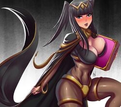 1girls big_breasts black_hair blue_eyes blunt_bangs bodystocking bridal_gauntlets cleavage clothed female female_only fire_emblem fire_emblem_awakening large_breasts lipstick long_hair looking_at_viewer paranoidvin solo solo_female tharja_(fire_emblem)