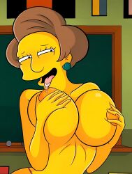 the_simpsons ai_generated ai milf edna_krabappel short_hair big_breasts breasts tits big_boobs big_tits yellow_body yellow_skin teacher 1girls touching_breast touching_breasts licking_nipples licking_nipple nipples hard_nipples