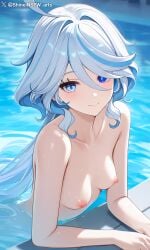 ai_generated artist_name blue_eyes blue_hair blush female furina_(genshin_impact) genshin_impact large_breasts long_hair looking_at_viewer nipples nude pool shineinsfw shiny_skin silver_hair smile solo swimming_pool water water_droplets wet_skin