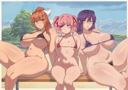 johnv 3girls edit doki_doki_literature_club bikini_top bottomless pubic_hair pubic_hair_peek brown_hair purple_hair pink_hair public_nudity imminent_sex breast_envy breast_size_difference embarrassed bedroom_eyes natsuki_(doki_doki_literature_club) yuri_(doki_doki_literature_club) monika_(doki_doki_literature_club) small_breasts large_breasts huge_breasts areola_slip tiny_waist wide_hips