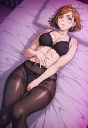 1girls ai ai_generated athletic bed bedroom black_lace_panties black_stockings black_thighhighs blush body_blush bra brown_eyes brown_hair curvy earrings fancyvision female female_only fingering hand_on_crotch hand_on_hip hand_on_stomach jujutsu_kaisen kugisaki_nobara lace-trimmed_bra lace-trimmed_panties lace_trim looking_at_viewer lying_on_back masturbating medium_breasts midriff moaning naked navel nervous nobara_kugisaki puffy_nipples shy slim_waist solo thick_ass thick_thighs voluptuous_female white_pillow wide_hips