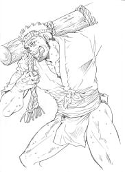 1boy 2013 ass ass_visible_through_thighs beard_stubble black_and_white black_hair bulge bulge_through_clothing carrying etchu_fundoshi fundoshi gay genital_outline hachimaki happi_(clothing) headband japanese_clothes line_art looking_away lowres male male_only manly matsu_takeshi mature_male monochrome muscles muscular muscular_legs muscular_male muscular_thighs original pecs pelvic_curtain rope sanpaku sarashi shouting solo spiky_hair standing sweat sweatdrop sweating sweaty tough_guy veiny_legs veiny_neck white_border white_fundoshi wood_log work_in_progress yaoi