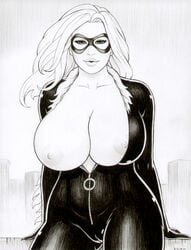 1girls alternate_breast_size areolae big_breasts black_and_white_drawing black_cat_(marvel) bodysuit breasts breasts_exposed breasts_out cameltoe exposed_breasts felicia_hardy female female_only huge_breasts large_breasts long_hair looking_at_viewer marvel monochrome nipples no_color partially_clothed rplatt solo solo_female solo_focus spider-man_(series) thighs unzipped_bodysuit