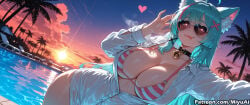 miyuai ai_generated ai_assisted thick_thighs thick_ass thick thick_legs thick_hips thick_butt wide_hips wide_thighs voluptuous voluptuous_female curvy curvy_figure curvaceous curvy_female female 1girl catgirl cat_ears cat_girl mint_(neverness_to_everness) neverness_to_everness swimsuit bikini breasts ocean palm_tree animal_ears sunglasses heart tongue tongue_out ahoge beach striped_bikini striped bell solo tree animal_ear_fluff rating:safe cleavage looking_at_viewer large_breasts water sunset outdoors shirt collar hair_ornament long_hair jingle_bell dutch_angle bangs white_shirt eyebrows_visible_through_hair choker sky red_eyes horizon