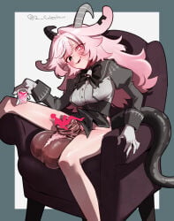 1girl animal_ears armchair bell black_bow black_bowtie black_eyes blush border bottomless bow bowtie chair commentary_request cup drinking_glass feet_out_of_frame femme_soule flaccid futanari grey_border heterochromia holding holding_cup horns huge_testicles long_hair mirin_chikuwa neck_bell outside_border pink_eyes pink_hair pukey_goddess_shot_trick shot_glass simple_background sitting smile solo spread_legs tail testicles white_background