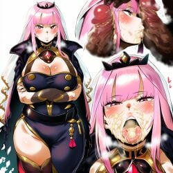 1girl ahegao ai_generated before_and_after bimbo bimbofication bustybunz crown cum_drip cum_in_mouth cum_on_face dirty_penis double_fellatio drooling hololive hololive_english horns huge_breasts long_hair mori_calliope multiple_views open_mouth pink_hair red_eyes rolling_eyes saliva skull_hair_ornament smegma smegma_on_penis steam sweat tagme threesome tongue_out virtual_youtuber
