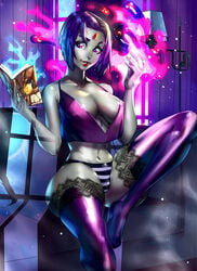 aura book cleavage clothed dc dc_comics grey_skin hi_res indoors lingerie magic navel panties pinup pose purple_eyes purple_hair purple_legwear rachel_roth raven_(dc) see-through short_hair sitting smile sofa solo straight_hair striped_panties teen_titans thighhighs window xdtopsu01