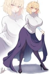 vinsycal tsukihime tsukihime_(remake) arcueid_brunestud red_arcueid commentary highres 1girl blonde_hair blush breasts full_body high_heels holding_own_skirt jewelry large_breasts long_skirt long_sleeves looking_at_viewer necklace pantyhose purple_pantyhose purple_skirt red_eyes short_hair skirt smile sweater tongue tongue_out turtleneck turtleneck_sweater white_sweater zoom_layer