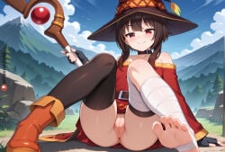kaifuk feet megumin kono_subarashii_sekai_ni_shukufuku_wo! innie_pussy staff red_eyes ai_generated