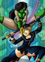 xjkenny jade_(mortal_kombat) mortal_kombat mortal_kombat_11 street_fighter_v street_fighter capcom netherrealm_studios crossover 2019 digital_media_(artwork) digital_drawing_(artwork) digital_media digital_art digital_drawing falke_(street_fighter) watermark artist_name artist_signature thighs thighhighs thigh_highs thigh_gap thick_thighs thick thick_legs thick_hips thick_lips thick_body squeezing_breast squeezing_breasts green_lipstick green_lips blue_eyes blue_eyes_female shadaloo_dolls shadaloo military_uniform military military_hat military_clothing ninja ninja_girl ninja_mask bo_staff staff fight fighting hourglass_figure hourglass_figured_female shiny_skin shiny shiny_hair shiny_clothes shiny_breasts shiny_body shiny_boobs shiny_boobies shiny_thighs shiny_thighhighs gritted_teeth blonde_hair blonde_female blonde blonde-haired_female blonde_hair_female black_hair black_hair_female looking_at_another looking_at_each_other splits split fingerless_gloves hair_over_one_eye 2girls breasts boobs tits titties big_breasts big_boobs big_boobies boobies boobies_focus boobs_focus breasts_focus tits_focus titties_focus