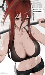 1girls abs arknights:_endfield black_shorts black_sports_bra blue_highlights dialogue ember_(arknights:_endfield) english english_text exercising long_hair metal_halo muscles ohkurrva red_hair simple_background solo talking_to_viewer weightlifting yellow_eyes