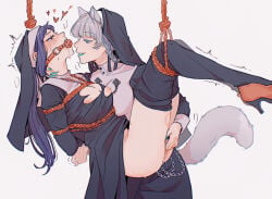 2girls animal_ears aqua_lips aqua_nails arms_behind_back ball_gag bdsm bite_mark bite_mark_on_neck bite_mark_on_thigh black_dress black_pantyhose black_veil blush bondage bound bound_arms bound_torso braid breasts chain character_request clothes_pull commentary_request crying crying_with_eyes_open dogbrooo dress drooling femdom fingering fingernails gag grey_hair grey_tail guimpe hairband hand_on_another's_neck high_heels highres kakegurui kemonomimi_mode large_breasts lipstick long_fingernails long_hair loving_aura makeup momobami_kirari multiple_girls nipples no_bra no_panties nun open_mouth pantyhose pantyhose_pull purple_hair pussy pussy_juice red_shoes saliva shibari shibari_over_clothes shoes simple_background standing straight_hair streaming_tears suspension tears torn_clothes torn_dress veil white_background white_hairband yuri
