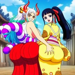 1boy 1female 1femboy 1girls 1male ai_generated ass ass_grab big_ass big_ass_(female) big_ass_(male) big_butt big_butt_(male) butt butt_grab clothed clothed_female clothed_male female femboy hand_on_ass hand_on_butt horns kikunojo kimono light-skinned_female light-skinned_femboy light-skinned_male light_skin long_hair looking_back male mouth_open novelai one_piece open_mouth orange_eyes orange_eyes_female outdoors outside purple_eyes purple_eyes_male side_by_side teeth teeth_showing touching_ass touching_butt yamato_(one_piece)