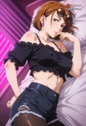 1girls ai ai_generated athletic bed bedroom black_lace_panties black_stockings black_thighhighs blush body_blush brown_eyes brown_hair curvy deep_skin earrings fancyvision female female_only finger_in_mouth glasses hand_on_hip jean_shorts jeans jujutsu_kaisen kugisaki_nobara lace-trimmed_bra lace-trimmed_panties lace_trim looking_at_viewer lying_on_bed medium_breasts midriff navel nobara_kugisaki on_side puffy_nipples sexy_pose short_jeans short_shorts shorts skindentation slim_waist solo sunglasses sunglasses_on_head thick_ass thick_thighs voluptuous_female white_pillow wide_hips