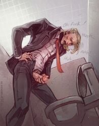 1boy 2026 blonde_hair cecil_stedman climax climaxing closed_eyes clothed clothing cock cum dick english english_text erect_penis erection hair hand_on_penis handjob holding holding_penis invincible invincible_(comics) invincible_(tv_series) leaking_cum light-skinned_male light_skin long_hair male_masturbation male_only masturbation office_clothing open_mouth orgasm pubes pubic_hair red_tie scar solo solo_focus solo_male standing suit teeth teeth_showing teeth_visible text tie toilet white_shirt xen0guardlol