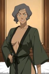 ai_generated avatar_the_last_airbender bags_under_eyes bed bedroom bob_cut brown_skin circlet curly_hair dark-skinned_female deviantart earthbender gif green_eyes green_robe grey_hair hands_on_hips hourglass_figure hourglass_figured_female levantine-codex looking_at_viewer mature_female mature_woman metalbender milf mp4 nickelodeon older_female pose raised_eyebrow robe short_hair stripping suyin_bei_fong the_legend_of_korra undressing zaofu
