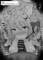 1boy 1girl :>= animal_ear_fluff animal_ears antenna_hair arcueid_brunestud bar_censor blush bow breasts cat_ears cat_girl censored commentary_request crescent crescent_hair_ornament dark-skinned_male duo erection fate/grand_order fate_(series) fellatio female greyscale hair_intakes hair_ornament hanging_breasts headphones hetero hood hoodie kurotama looking_at_viewer magical_girl male monochrome motion_lines nipples nose_blush open_clothes open_hoodie oral penis phantas-moon phantas-moon_(second_ascension) pov pov_crotch saliva short_hair sidelocks solo_focus squatting sweat tile_floor tiles toilet_stall translation_request veins veiny_penis