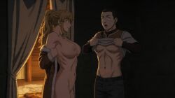 abs ai_generated anime_screencap anime_style areola areolae ari_(vinland_saga) armpits aroused athletic_female athletic_male bedroom belly belly_button big_boobs big_breasts black_hair_male blonde-haired_female blonde_female blonde_hair blonde_hair_female blue_eyes boobs boobs_out breasts breasts_out busty_female canon_couple collarbone couple doofusschlormpai exposed_breasts fit_female fit_male imminent_sex in_awe indoors large_breasts lifting_shirt light-skinned_female light-skinned_male light_skin looking_at_another medieval messy_hair naked_female naughty_face navel nipples nordic norse_woman nude_female open_clothes open_coat open_jacket perfect_body ponytail removing_clothing sexy sexy_body sexy_female shirt_lift shocked shocked_expression stable_diffusion surprised surprised_expression surprised_face tits tits_out undressing viking_female vinland_saga voluptuous voluptuous_female ylva_(vinland_saga)