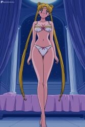 1girl ai_generated barefoot bed bedroom bishoujo_senshi_sailor_moon blonde_hair blue_eyes blush bow bow_bra bow_panties bra breasts cleavage collarbone crescent curtains digitalwaifugallery double_bun earrings facial_mark full_body full_moon hair_bun heart hi_res high_quality high_resolution indoors jewelry long_hair looking_at_viewer medium_breasts moon navel night night_sky panties patreon seductive sexy sky solo standing star_(sky) starry_sky thigh_gap twintails uncensored underwear underwear_only usagi_tsukino very_long_hair watermark white_bra white_panties window